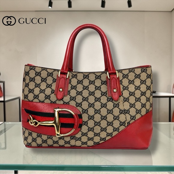 Gucci Handbags - GUCCI RED LEATHER CANVAS GG HORSEBIT VINTAGE Y2K EQUESTRIAN SHOULDER BAG